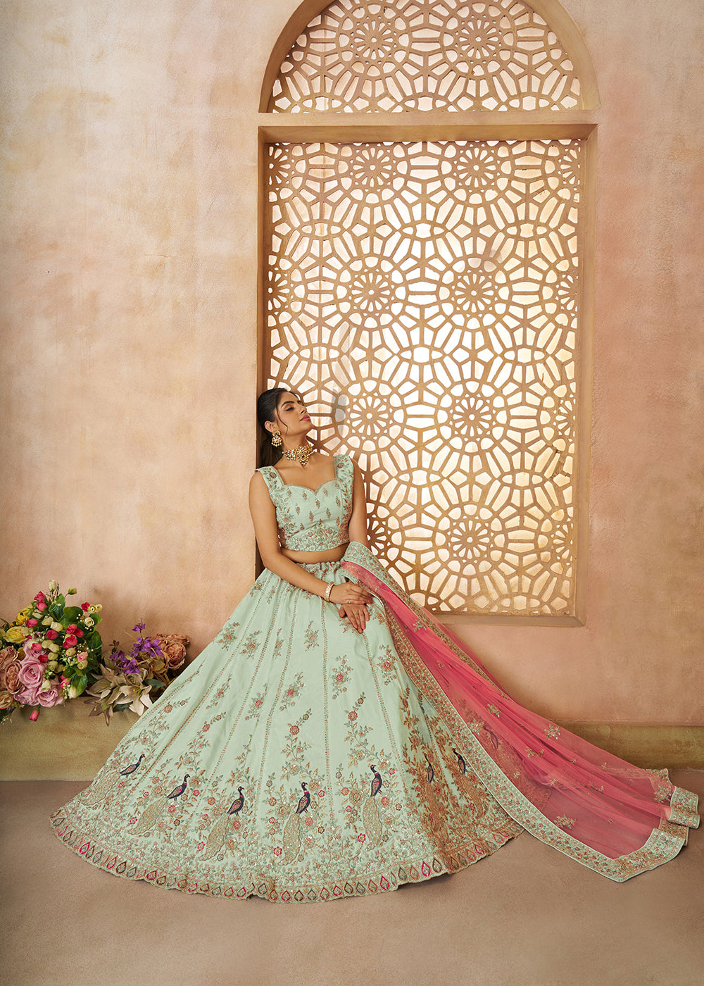 Buy Now Beautiful Green Zari Silk Embroidered Wedding Lehenga Choli Online in USA, UK, Canada, France, Italy, Germany, Austria, UAE & Worldwide at Empress.