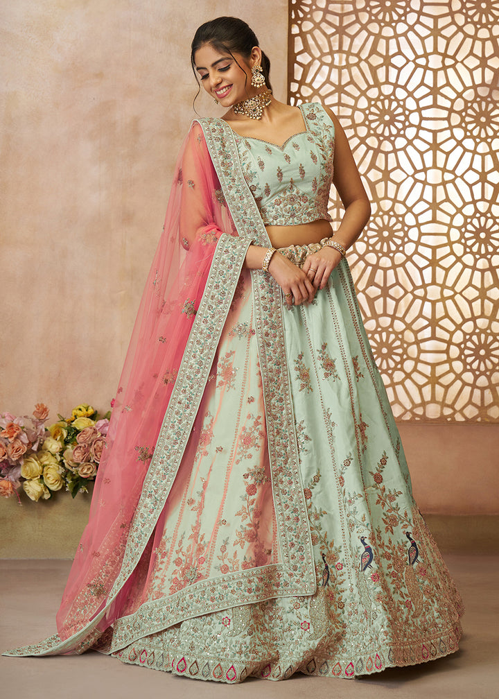 Buy Now Beautiful Green Zari Silk Embroidered Wedding Lehenga Choli Online in USA, UK, Canada, France, Italy, Germany, Austria, UAE & Worldwide at Empress.