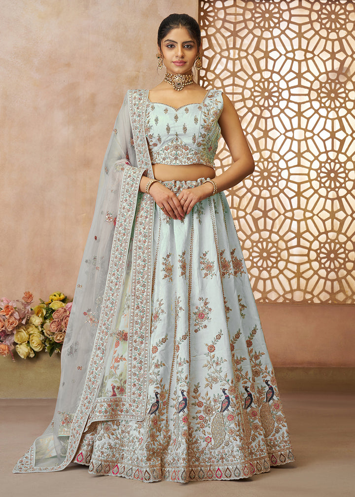 Buy Now Beautiful Sky Blue Zari Silk Embroidered Wedding Lehenga Choli Online in USA, UK, Canada, France, Italy, Germany, Austria, UAE & Worldwide at Empress.