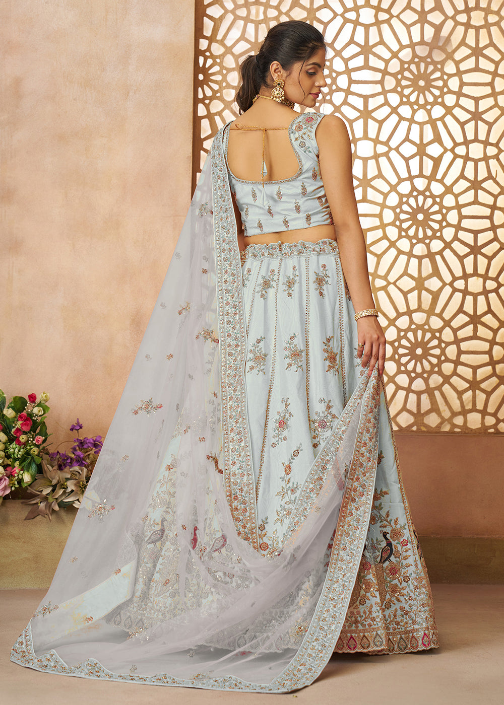 Buy Now Beautiful Sky Blue Zari Silk Embroidered Wedding Lehenga Choli Online in USA, UK, Canada, France, Italy, Germany, Austria, UAE & Worldwide at Empress.