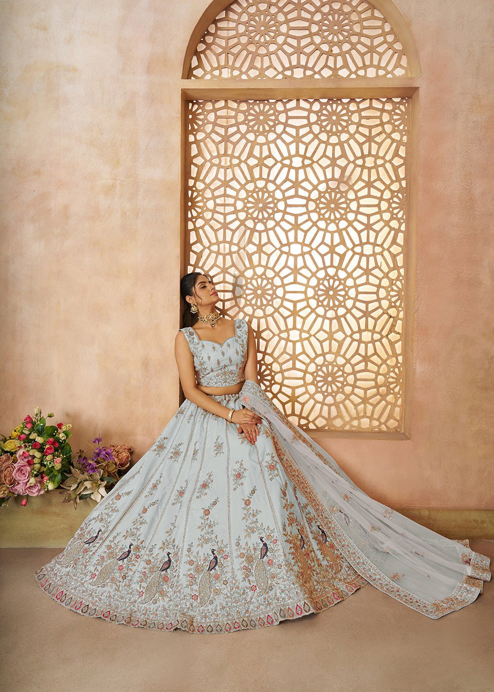 Buy Now Beautiful Sky Blue Zari Silk Embroidered Wedding Lehenga Choli Online in USA, UK, Canada, France, Italy, Germany, Austria, UAE & Worldwide at Empress.