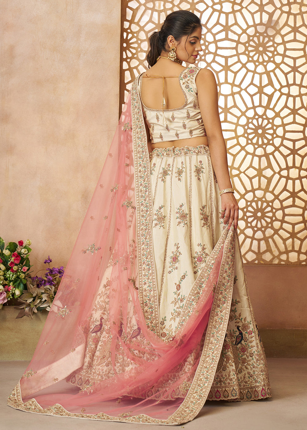 Buy Now Beautiful Beige Zari Silk Embroidered Wedding Lehenga Choli Online in USA, UK, Canada, France, Italy, Germany, Austria, UAE & Worldwide at Empress.