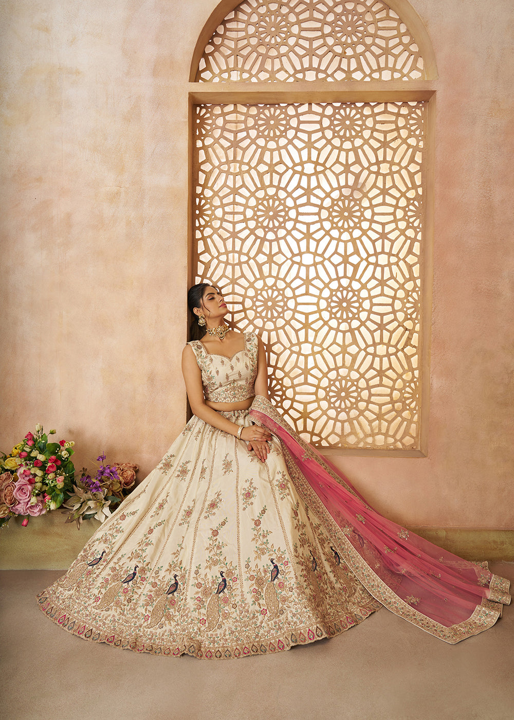 Buy Now Beautiful Beige Zari Silk Embroidered Wedding Lehenga Choli Online in USA, UK, Canada, France, Italy, Germany, Austria, UAE & Worldwide at Empress.