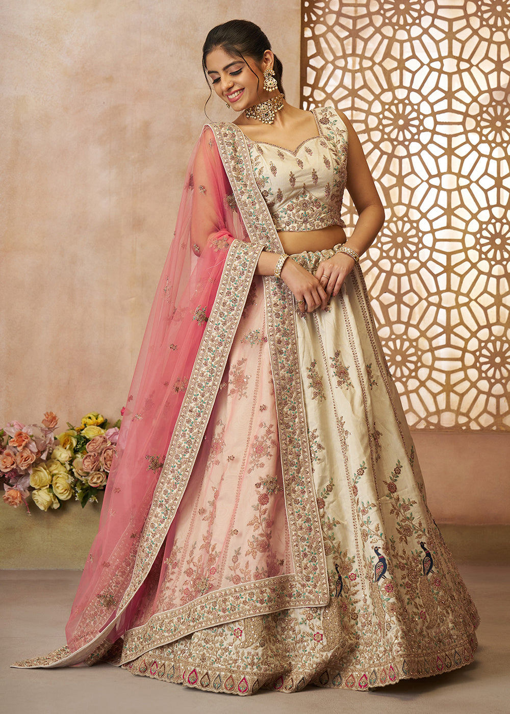 Buy Now Beautiful Beige Zari Silk Embroidered Wedding Lehenga Choli Online in USA, UK, Canada, France, Italy, Germany, Austria, UAE & Worldwide at Empress.