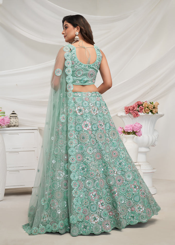 Buy Now Sky Blue Bridal Mirror Embroidered Designer Lehenga Choli Online in USA, UK, Canada & Worldwide at Empress Clothing.