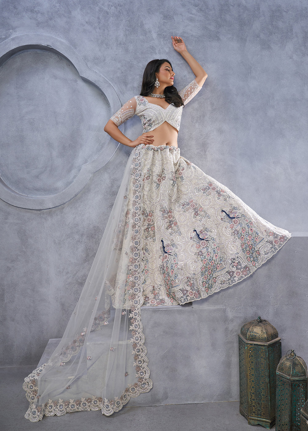 Buy Now Majestic Ivory Soft Net Embroidered Bridal Lehenga Choli Online in USA, UK, France, UAE & Worldwide at Empress Clothing. 