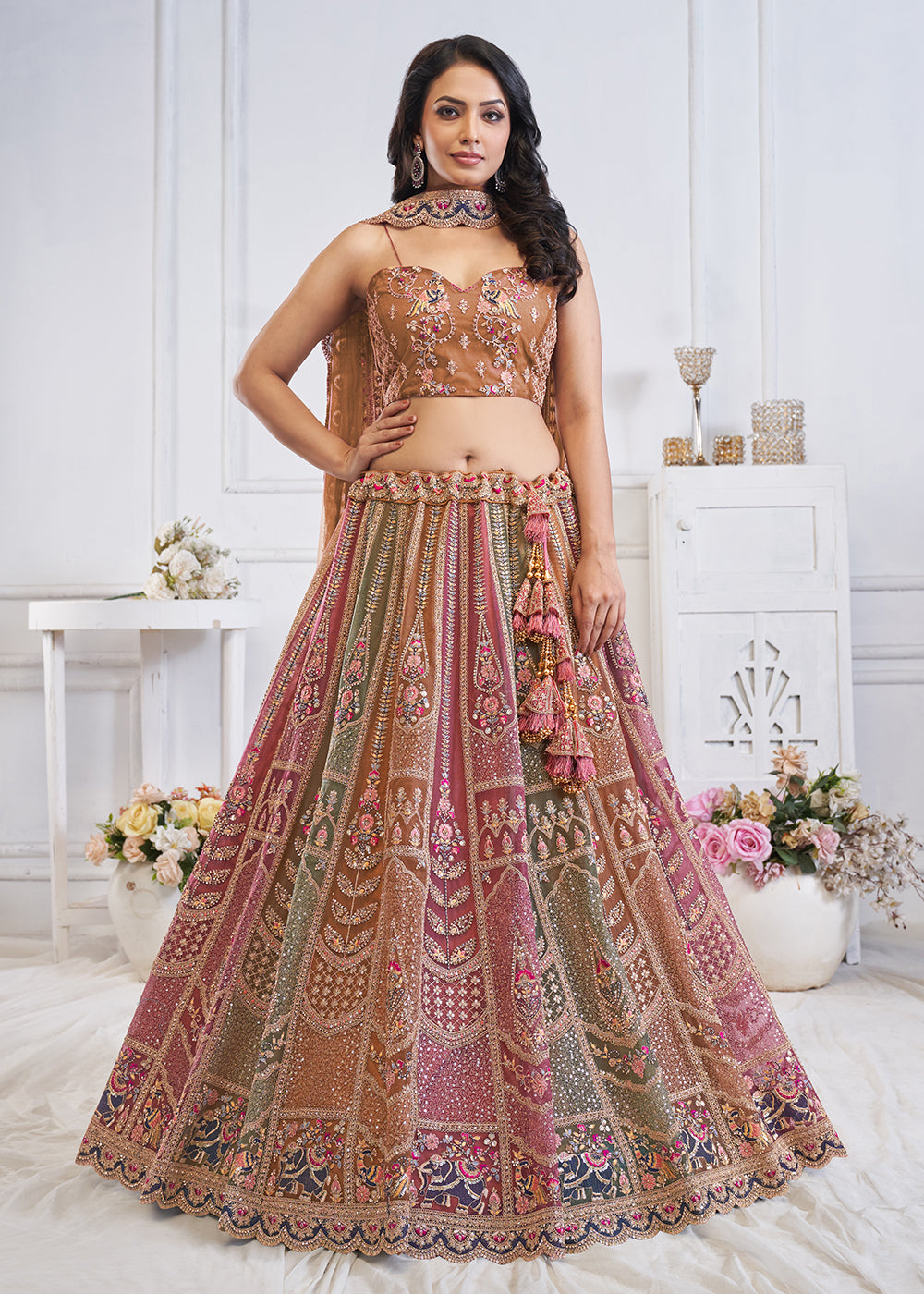 Buy Now Multi & Brown Embroidered Wedding Wear Lehenga Choli Online in USA, UK, France, UAE & Worldwide at Empress Clothing. 