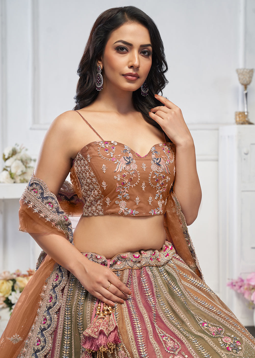 Buy Now Multi & Brown Embroidered Wedding Wear Lehenga Choli Online in USA, UK, France, UAE & Worldwide at Empress Clothing. 