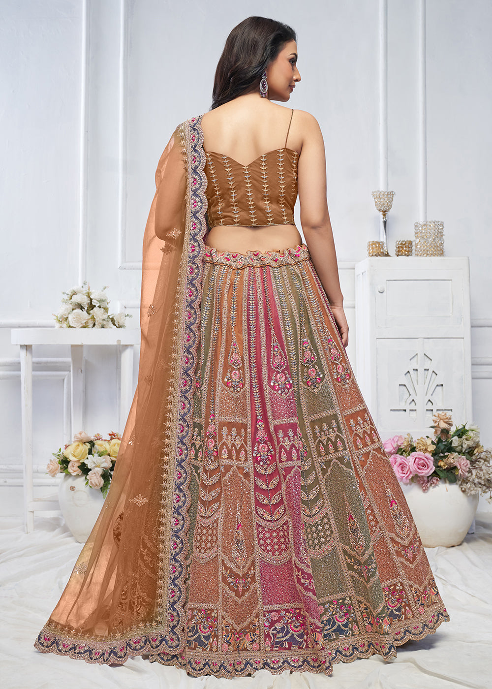 Buy Now Multi & Brown Embroidered Wedding Wear Lehenga Choli Online in USA, UK, France, UAE & Worldwide at Empress Clothing. 