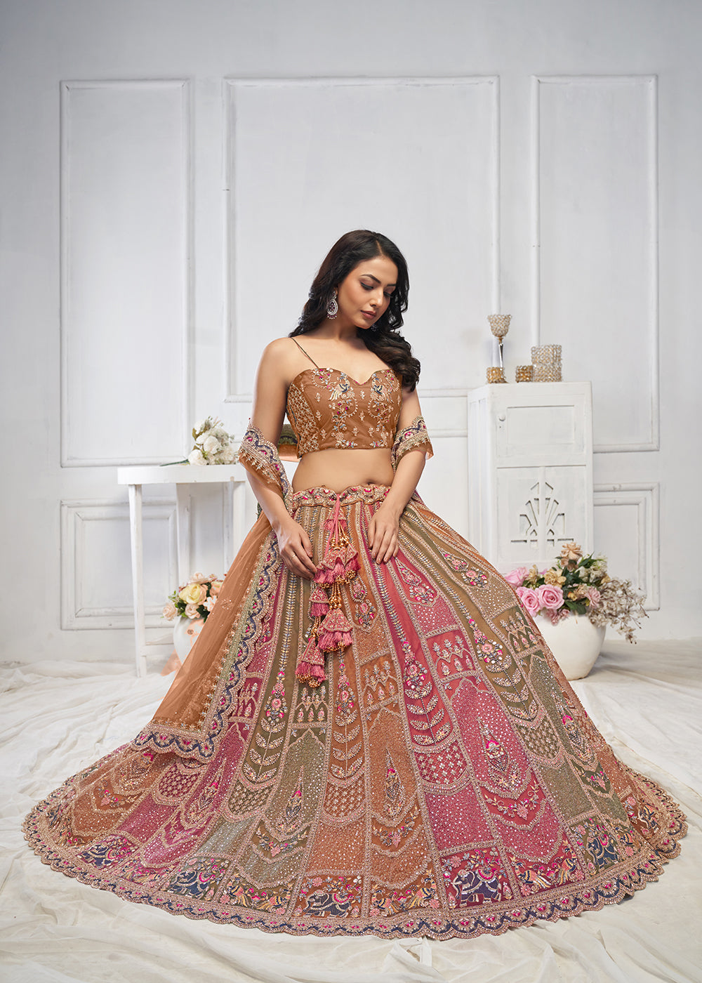 Buy Now Multi & Brown Embroidered Wedding Wear Lehenga Choli Online in USA, UK, France, UAE & Worldwide at Empress Clothing. 