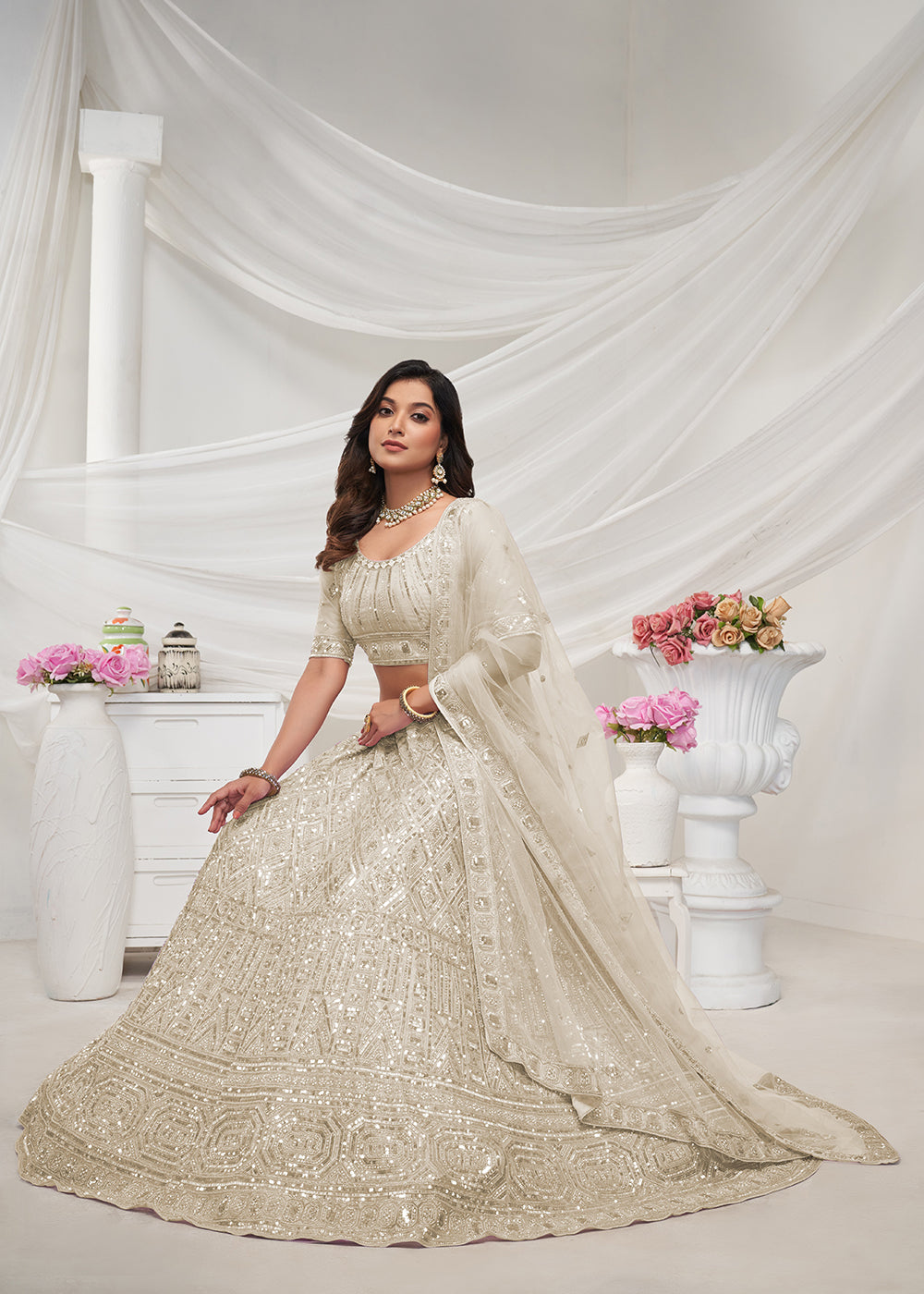 Buy Now Pearled Ivory White Heavy Embroidered Bridal Lehenga Choli Online in USA, UK, Canada & Worldwide at Empress Clothing. 