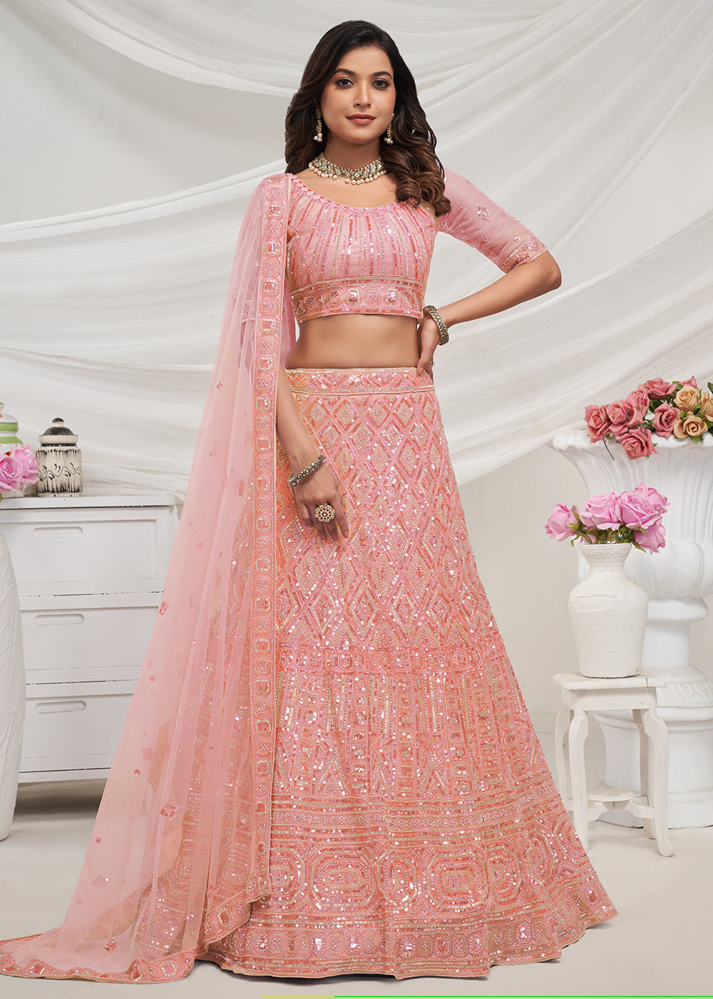 Buy Now Pearled Peach Heavy Embroidered Bridal Lehenga Choli Online in USA, UK, Canada & Worldwide at Empress Clothing.