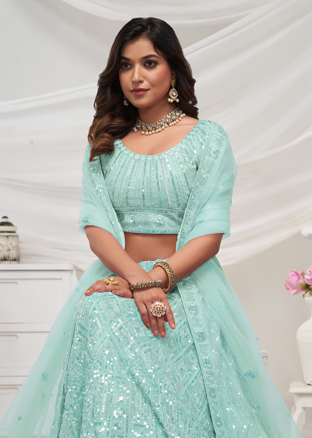 Buy Now Pearled Sky Blue Heavy Embroidered Bridal Lehenga Choli Online in USA, UK, Canada & Worldwide at Empress Clothing.
