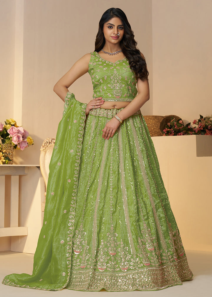 Buy Now Green Jimmy Choo Material Wedding Festive Lehenga Choli Online in USA, UK, Canada, France, Italy, Germany, Austria, UAE & Worldwide at Empress.