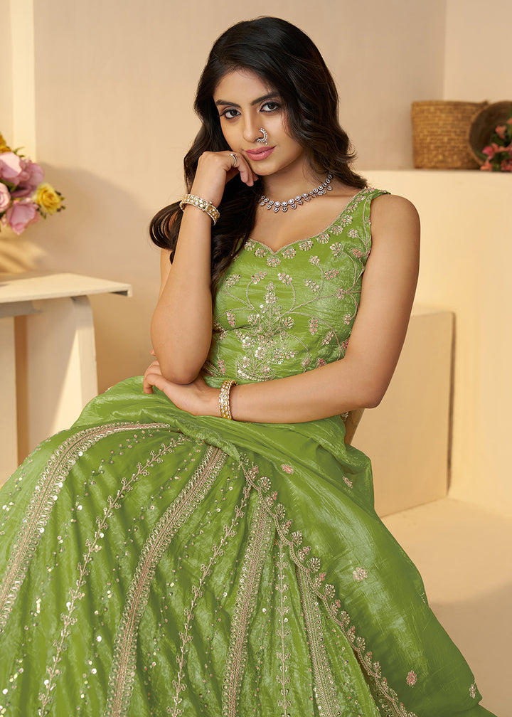 Buy Now Green Jimmy Choo Material Wedding Festive Lehenga Choli Online in USA, UK, Canada, France, Italy, Germany, Austria, UAE & Worldwide at Empress.