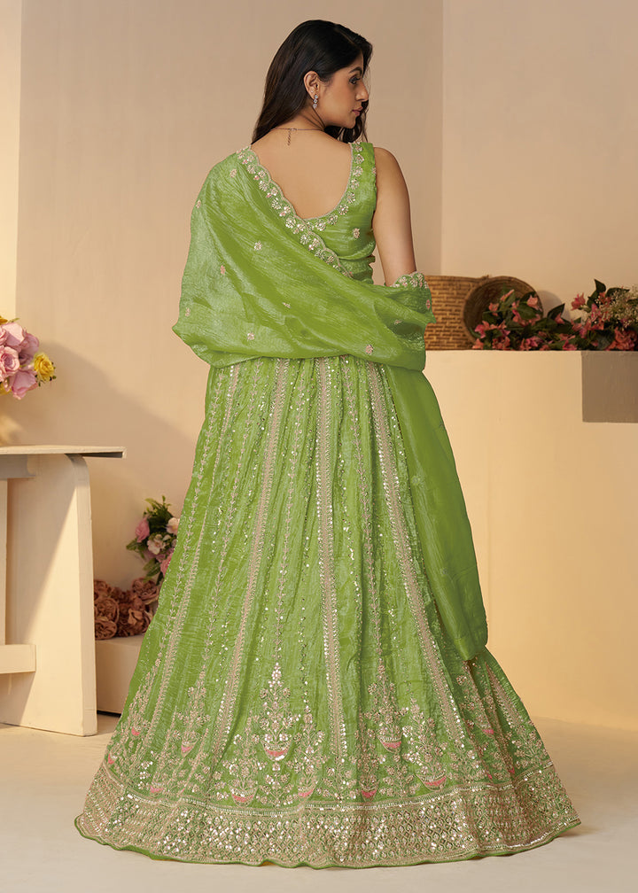 Buy Now Green Jimmy Choo Material Wedding Festive Lehenga Choli Online in USA, UK, Canada, France, Italy, Germany, Austria, UAE & Worldwide at Empress.