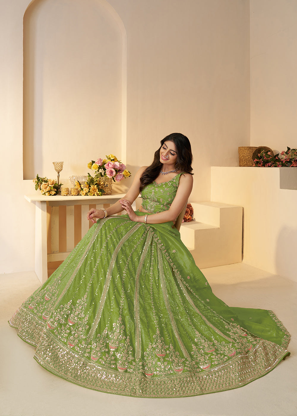 Buy Now Green Jimmy Choo Material Wedding Festive Lehenga Choli Online in USA, UK, Canada, France, Italy, Germany, Austria, UAE & Worldwide at Empress.