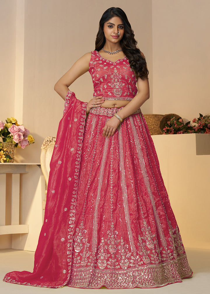 Buy Now Pink Jimmy Choo Material Wedding Festive Lehenga Choli Online in USA, UK, Canada, France, Italy, Germany, Austria, UAE & Worldwide at Empress.