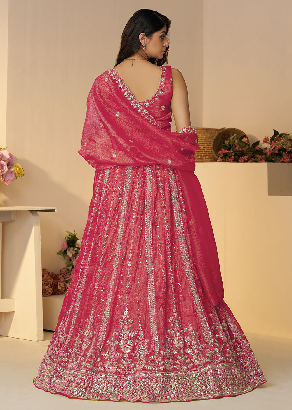 Buy Now Pink Jimmy Choo Material Wedding Festive Lehenga Choli Online in USA, UK, Canada, France, Italy, Germany, Austria, UAE & Worldwide at Empress.