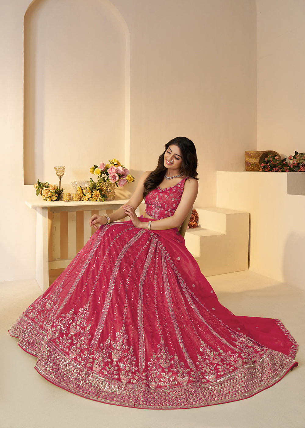 Buy Now Pink Jimmy Choo Material Wedding Festive Lehenga Choli Online in USA, UK, Canada, France, Italy, Germany, Austria, UAE & Worldwide at Empress.