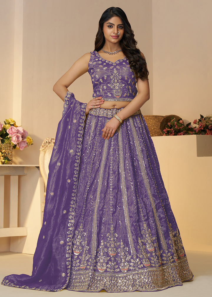 Buy Now Purple Jimmy Choo Material Wedding Festive Lehenga Choli Online in USA, UK, Canada, France, Italy, Germany, Austria, UAE & Worldwide at Empress.