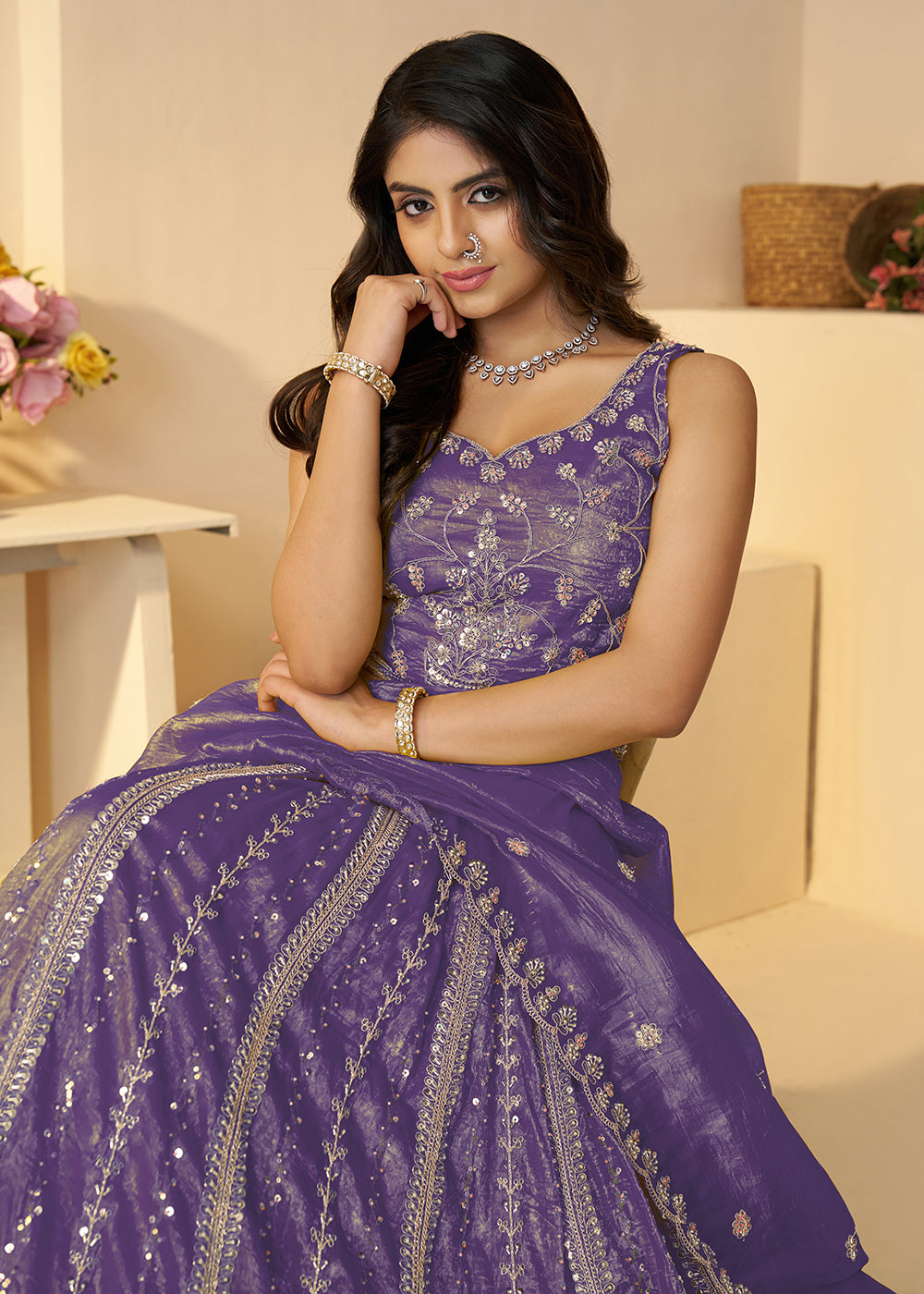 Buy Now Purple Jimmy Choo Material Wedding Festive Lehenga Choli Online in USA, UK, Canada, France, Italy, Germany, Austria, UAE & Worldwide at Empress.