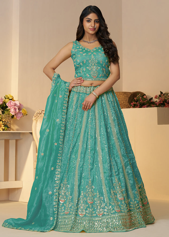 Buy Now Blue Jimmy Choo Material Wedding Festive Lehenga Choli Online in USA, UK, Canada, France, Italy, Germany, Austria, UAE & Worldwide at Empress.