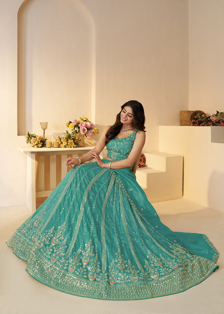 Buy Now Blue Jimmy Choo Material Wedding Festive Lehenga Choli Online in USA, UK, Canada, France, Italy, Germany, Austria, UAE & Worldwide at Empress.