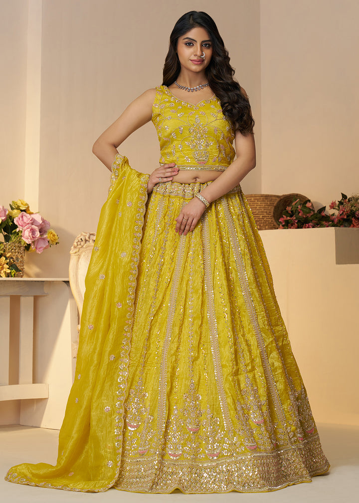 Buy Now Yellow Jimmy Choo Material Wedding Festive Lehenga Choli Online in USA, UK, Canada, France, Italy, Germany, Austria, UAE & Worldwide at Empress.
