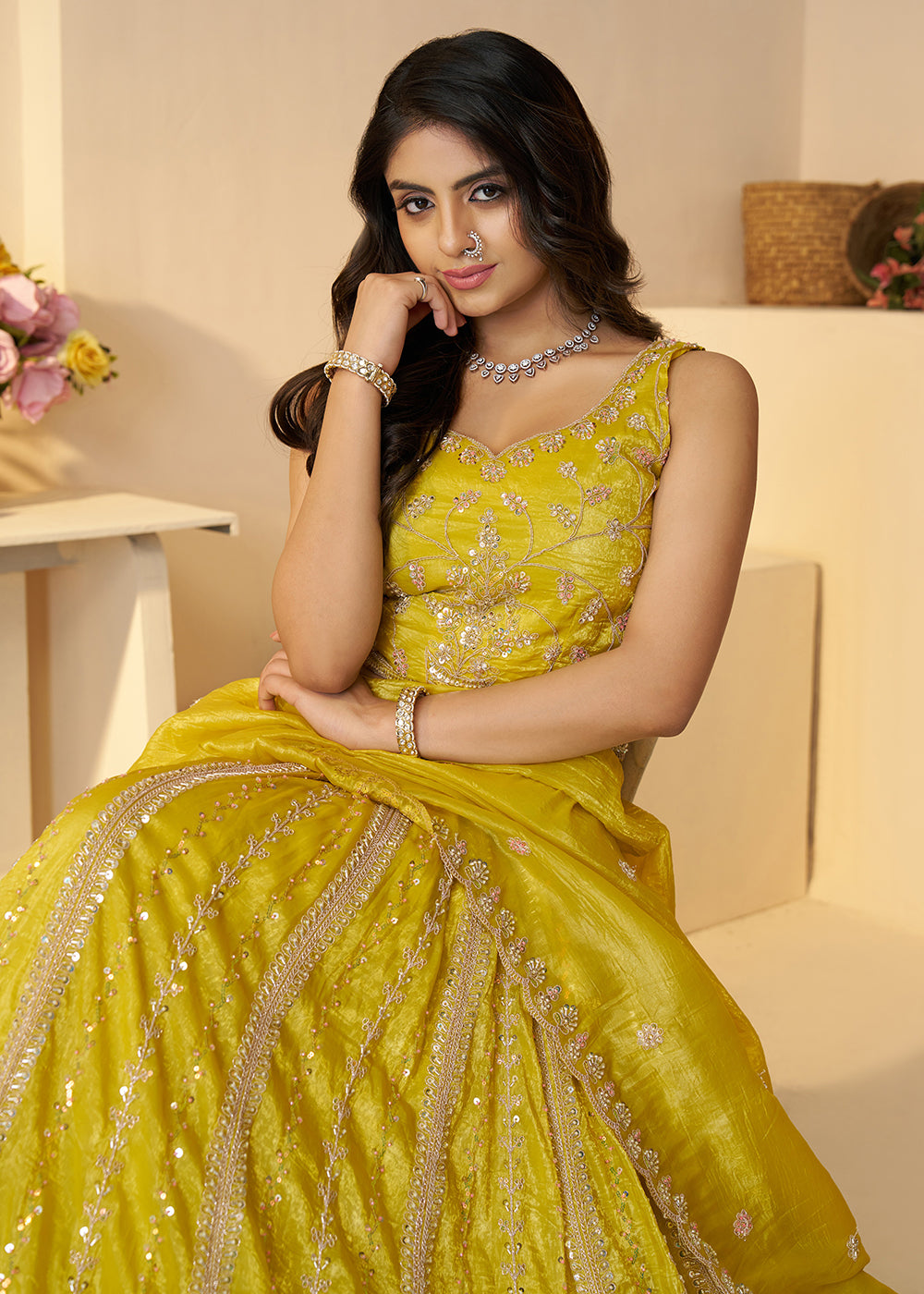 Buy Now Yellow Jimmy Choo Material Wedding Festive Lehenga Choli Online in USA, UK, Canada, France, Italy, Germany, Austria, UAE & Worldwide at Empress.