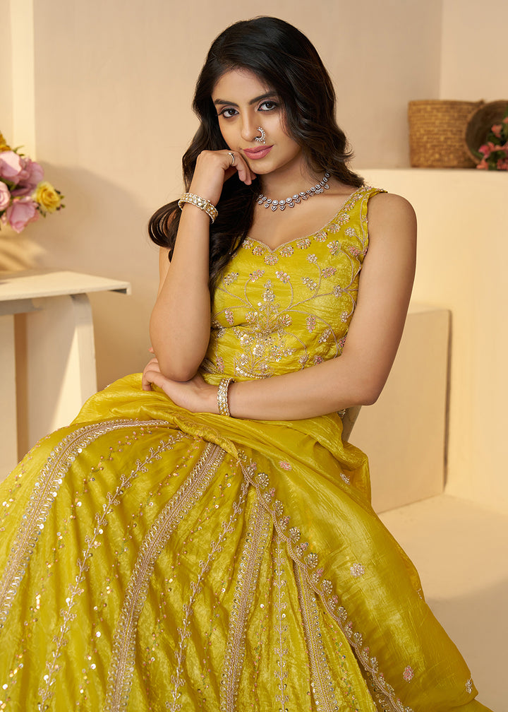Buy Now Yellow Jimmy Choo Material Wedding Festive Lehenga Choli Online in USA, UK, Canada, France, Italy, Germany, Austria, UAE & Worldwide at Empress.