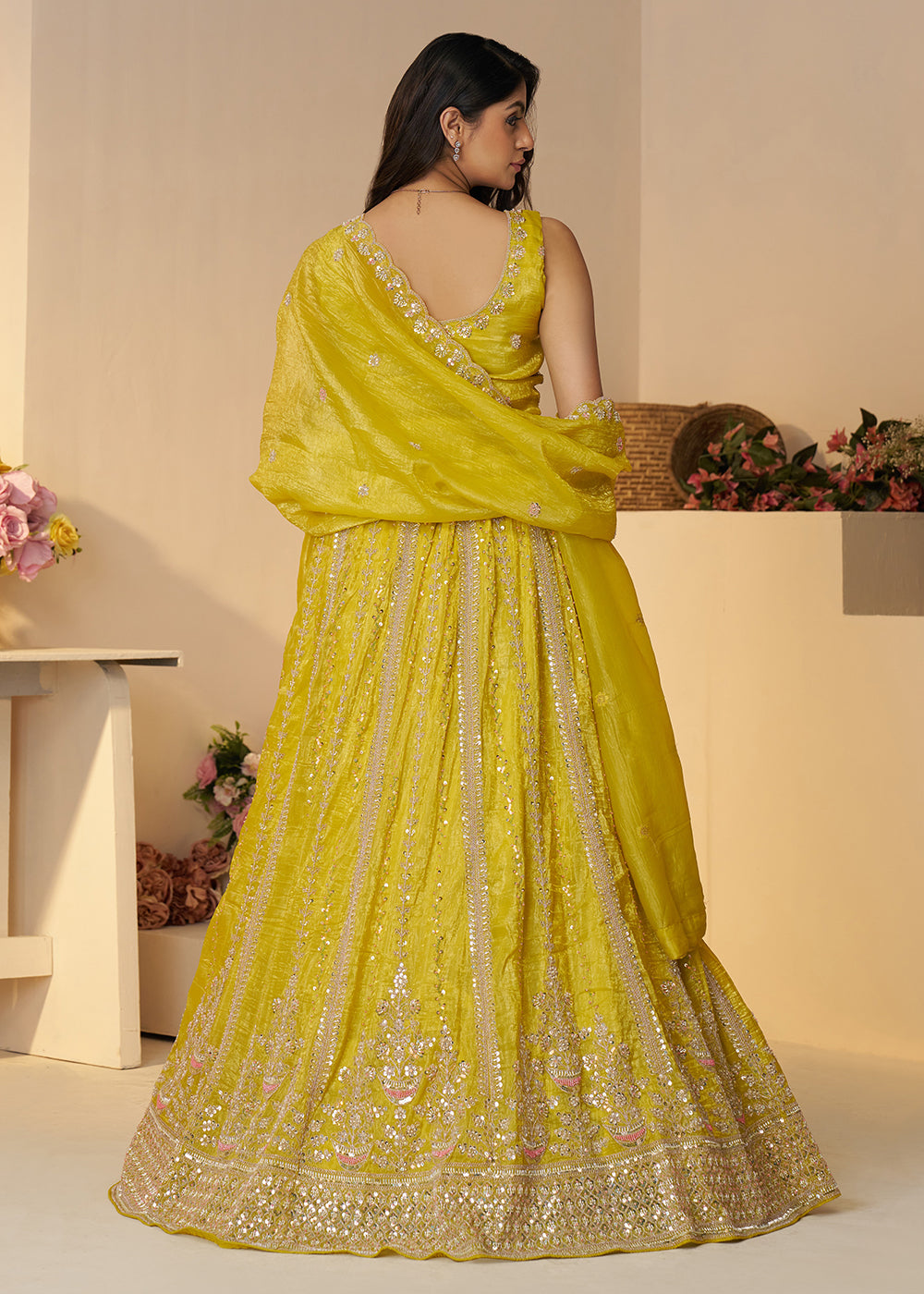 Buy Now Yellow Jimmy Choo Material Wedding Festive Lehenga Choli Online in USA, UK, Canada, France, Italy, Germany, Austria, UAE & Worldwide at Empress.