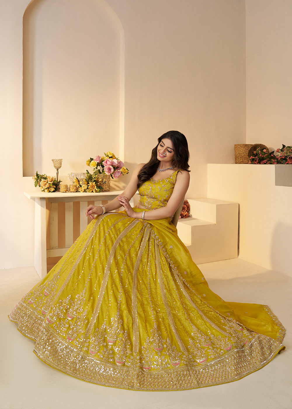 Buy Now Yellow Jimmy Choo Material Wedding Festive Lehenga Choli Online in USA, UK, Canada, France, Italy, Germany, Austria, UAE & Worldwide at Empress.