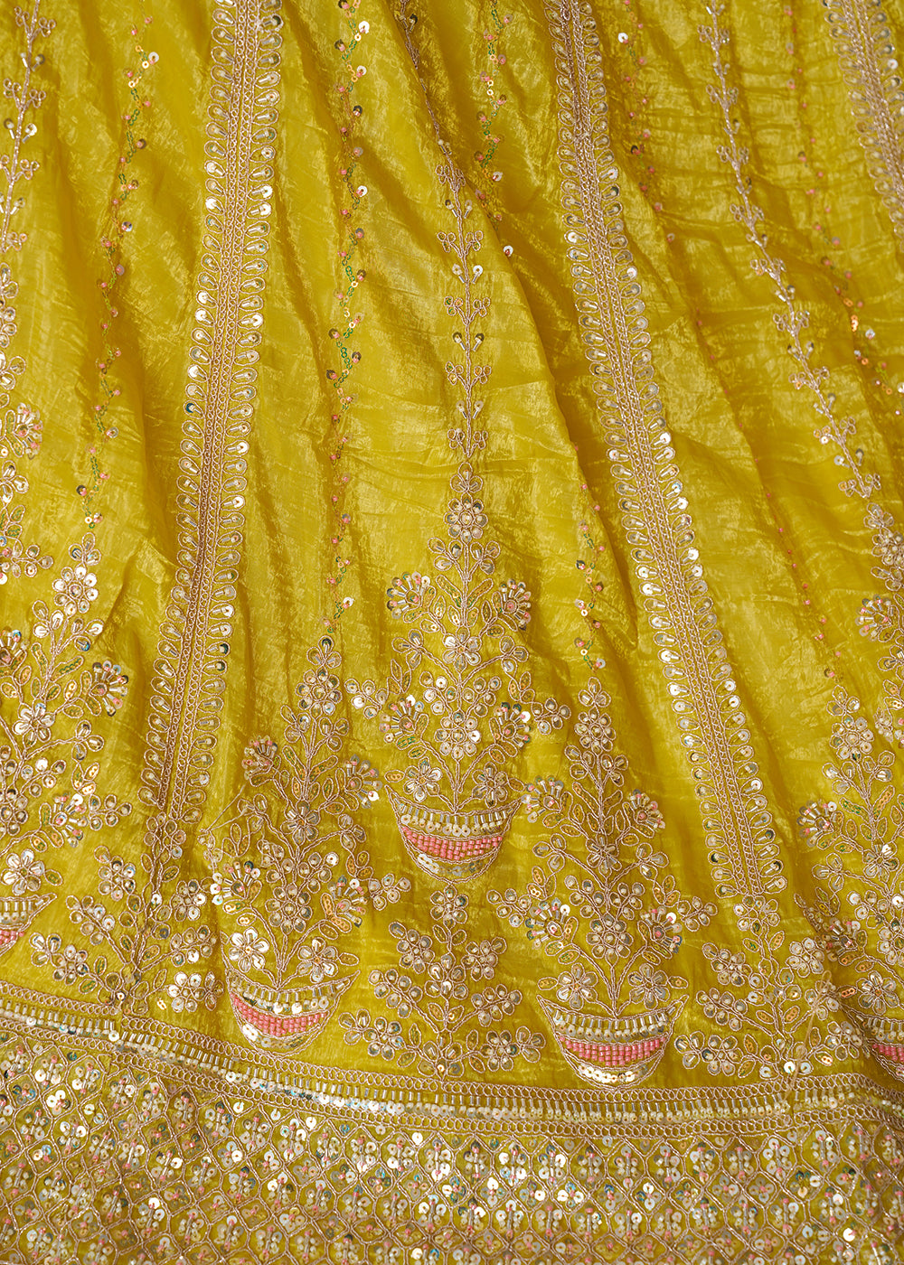Buy Now Yellow Jimmy Choo Material Wedding Festive Lehenga Choli Online in USA, UK, Canada, France, Italy, Germany, Austria, UAE & Worldwide at Empress.