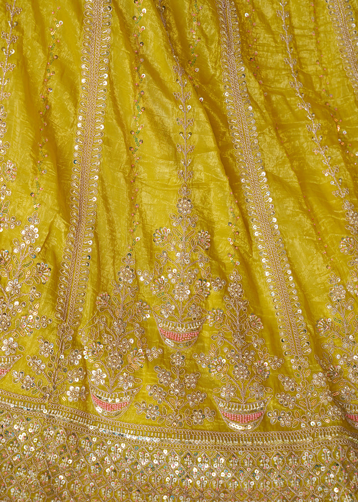 Buy Now Yellow Jimmy Choo Material Wedding Festive Lehenga Choli Online in USA, UK, Canada, France, Italy, Germany, Austria, UAE & Worldwide at Empress.