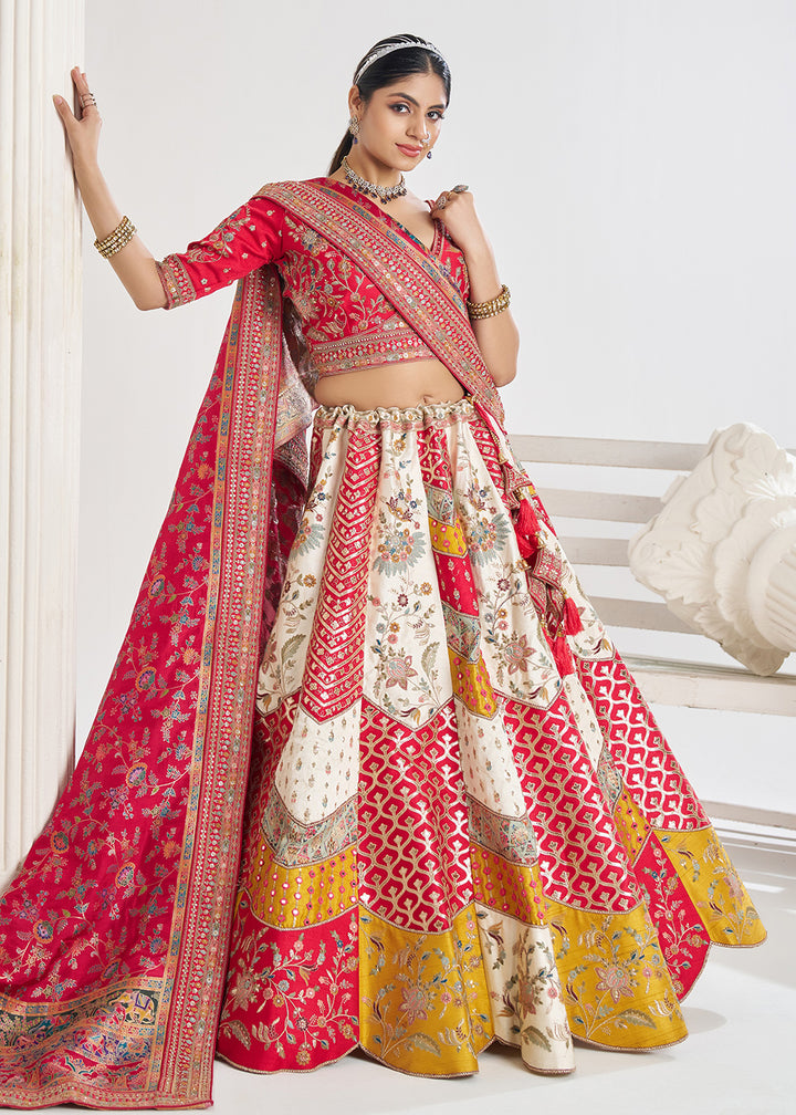 Buy NowMulti White & Red Banarasi Silk Traditional Lehenga Choli Online in USA, UK, Canada, France, Italy, Germany, UAE & Worldwide at Empress Clothing.