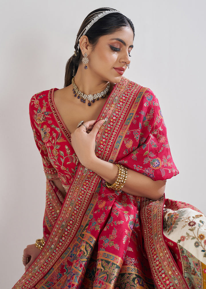 Buy NowMulti White & Red Banarasi Silk Traditional Lehenga Choli Online in USA, UK, Canada, France, Italy, Germany, UAE & Worldwide at Empress Clothing.