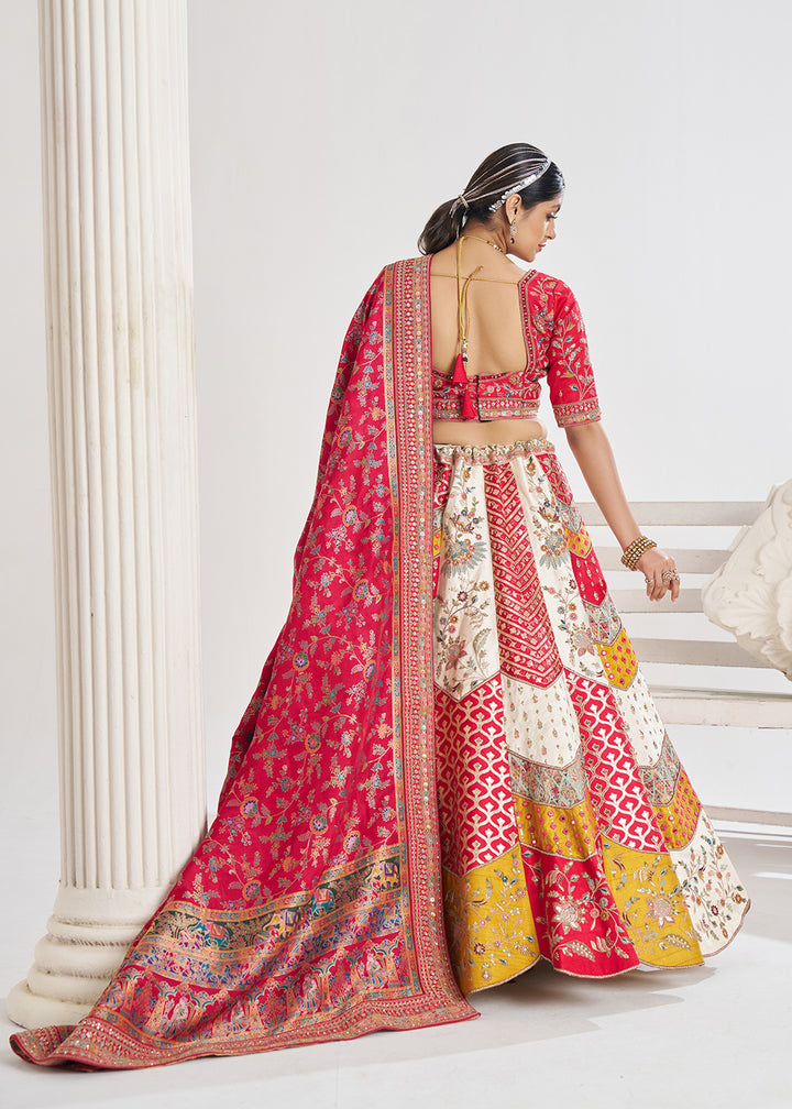 Buy Now Multi White & Red Banarasi Silk Traditional Lehenga Choli Online in USA, UK, Canada, France, Italy, Germany, UAE & Worldwide at Empress Clothing.