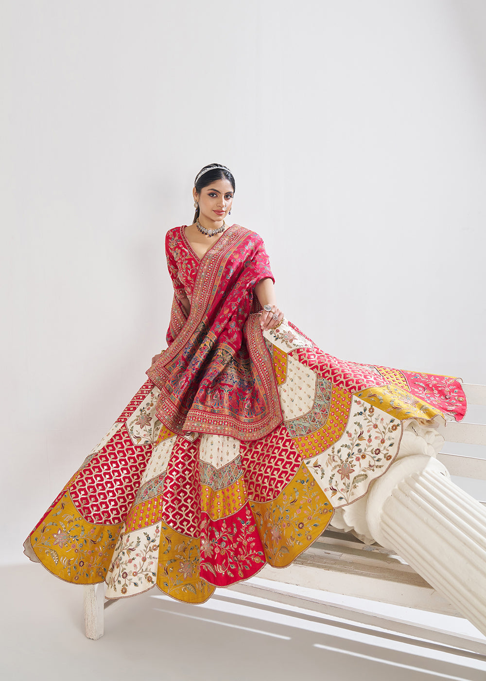 Buy Now Multi White & Red Banarasi Silk Traditional Lehenga Choli Online in USA, UK, Canada, France, Italy, Germany, UAE & Worldwide at Empress Clothing.