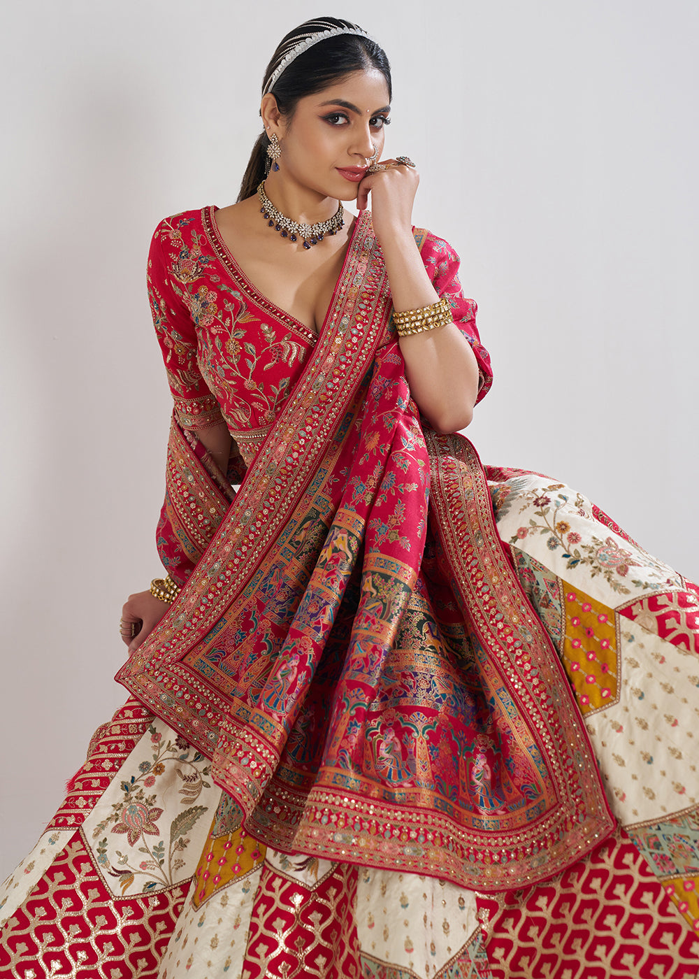 Buy Now Multi White & Red Banarasi Silk Traditional Lehenga Choli Online in USA, UK, Canada, France, Italy, Germany, UAE & Worldwide at Empress Clothing.