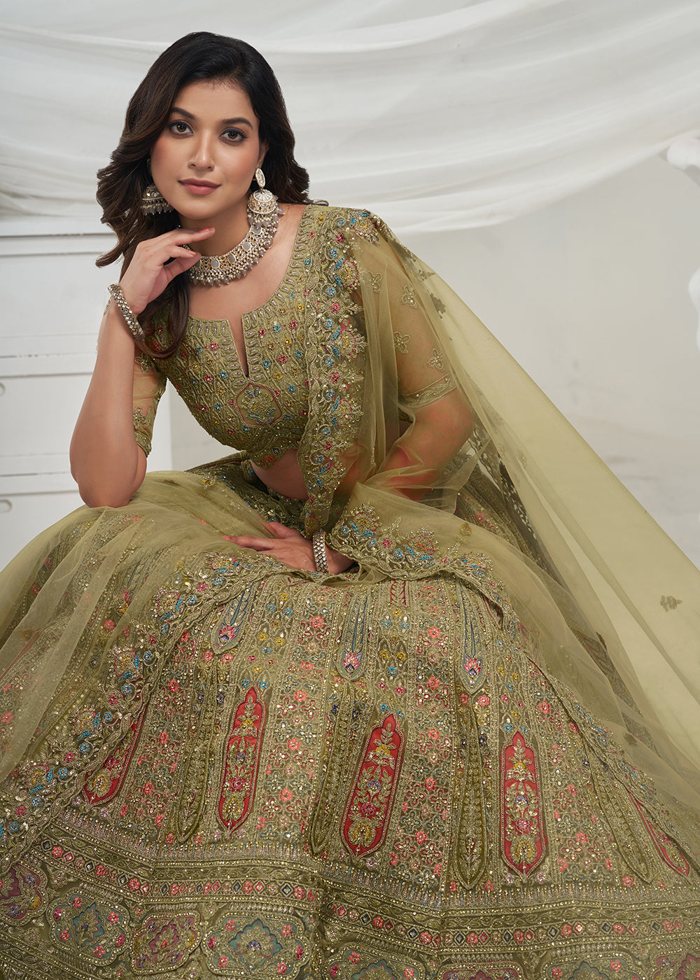 Buy Now Soft Net Green Heavy Embroidered Bridal Style Lehenga Choli Online in USA, UK, Canada & Worldwide at Empress Clothing.