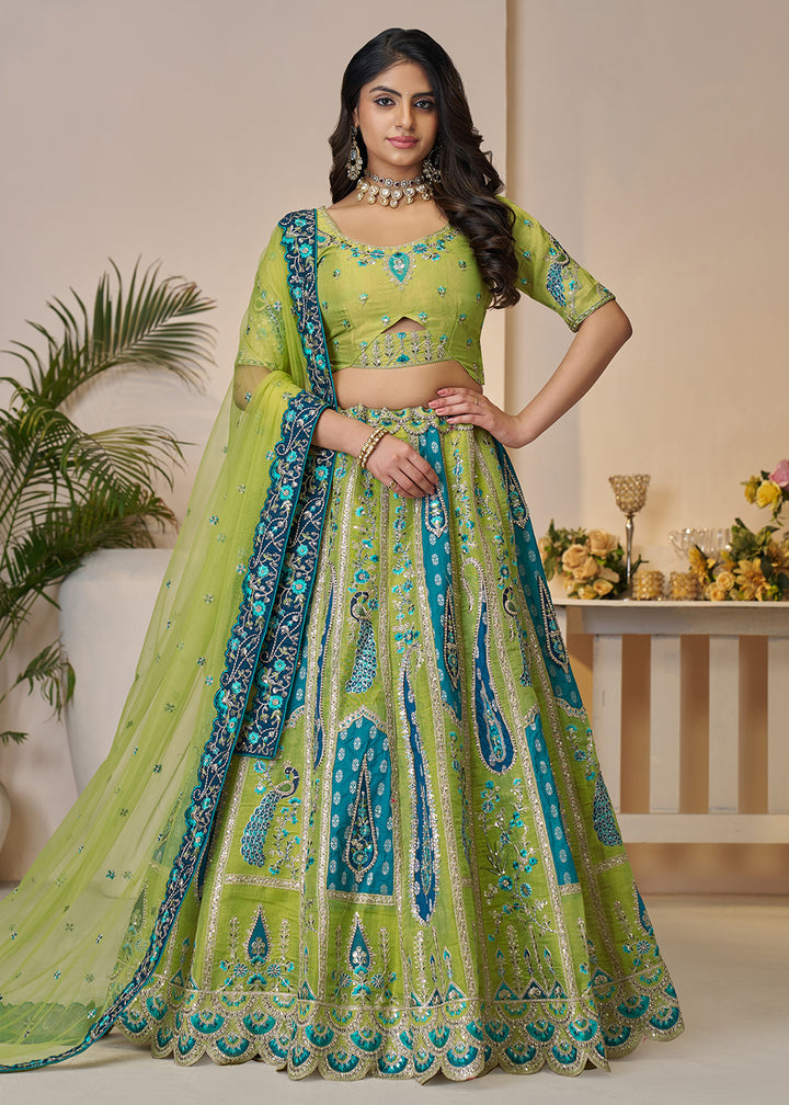 Buy Now Banarasi Silk Green Embroidered Wedding Festive Lehenga Choli Online in USA, UK, Canada, France, Italy, Germany, Austria, UAE & Worldwide at Empress.