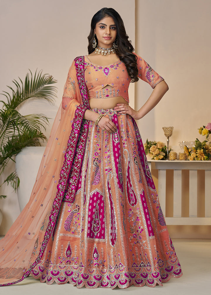 Buy Now Banarasi Silk Orange Embroidered Wedding Festive Lehenga Choli Online in USA, UK, Canada, France, Italy, Germany, Austria, UAE & Worldwide at Empress.