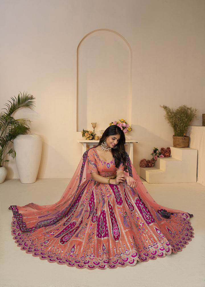 Buy Now Banarasi Silk Orange Embroidered Wedding Festive Lehenga Choli Online in USA, UK, Canada, France, Italy, Germany, Austria, UAE & Worldwide at Empress.