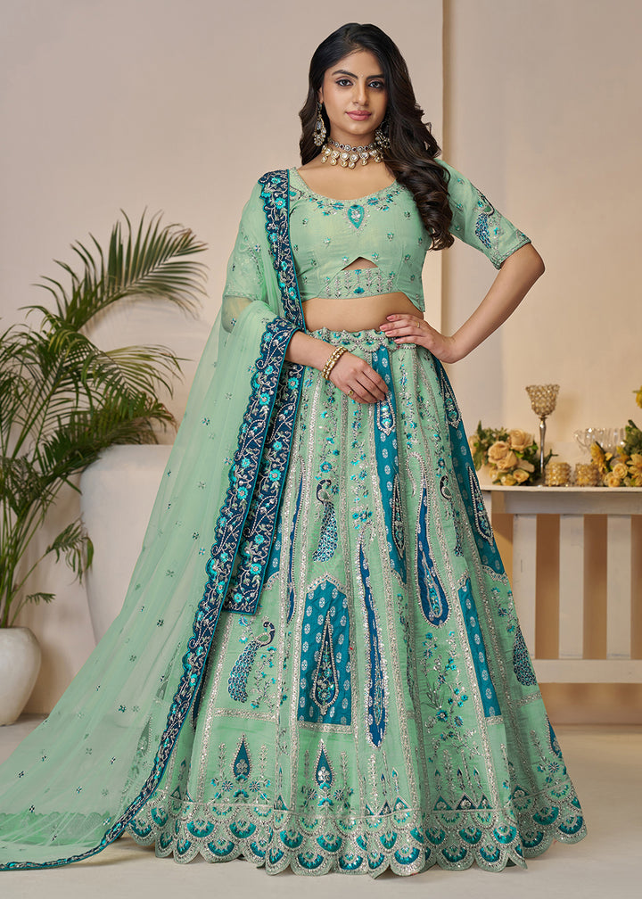 Buy Now Banarasi Silk Blue Embroidered Wedding Festive Lehenga Choli Online in USA, UK, Canada, France, Italy, Germany, Austria, UAE & Worldwide at Empress.