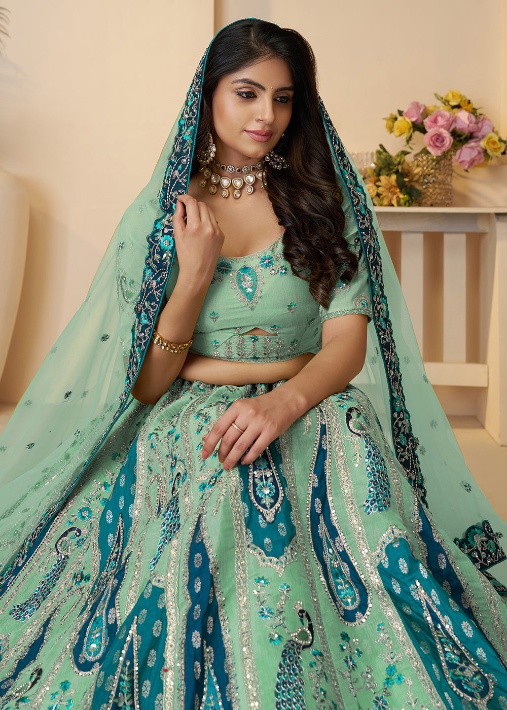 Buy Now Banarasi Silk Blue Embroidered Wedding Festive Lehenga Choli Online in USA, UK, Canada, France, Italy, Germany, Austria, UAE & Worldwide at Empress.