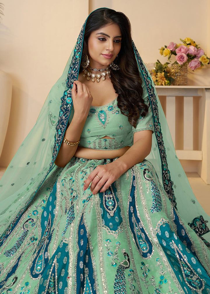 Buy Now Banarasi Silk Blue Embroidered Wedding Festive Lehenga Choli Online in USA, UK, Canada, France, Italy, Germany, Austria, UAE & Worldwide at Empress.