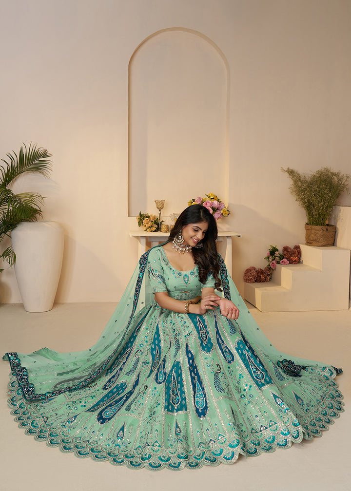 Buy Now Banarasi Silk Blue Embroidered Wedding Festive Lehenga Choli Online in USA, UK, Canada, France, Italy, Germany, Austria, UAE & Worldwide at Empress.