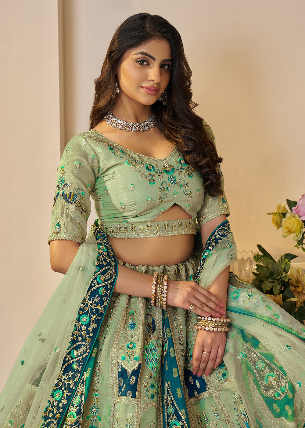 Buy Now Green Banarasi Silk Embroidered Wedding Festive Lehenga Choli Online in USA, UK, Canada, France, Italy, Germany, Austria, UAE & Worldwide at Empress.