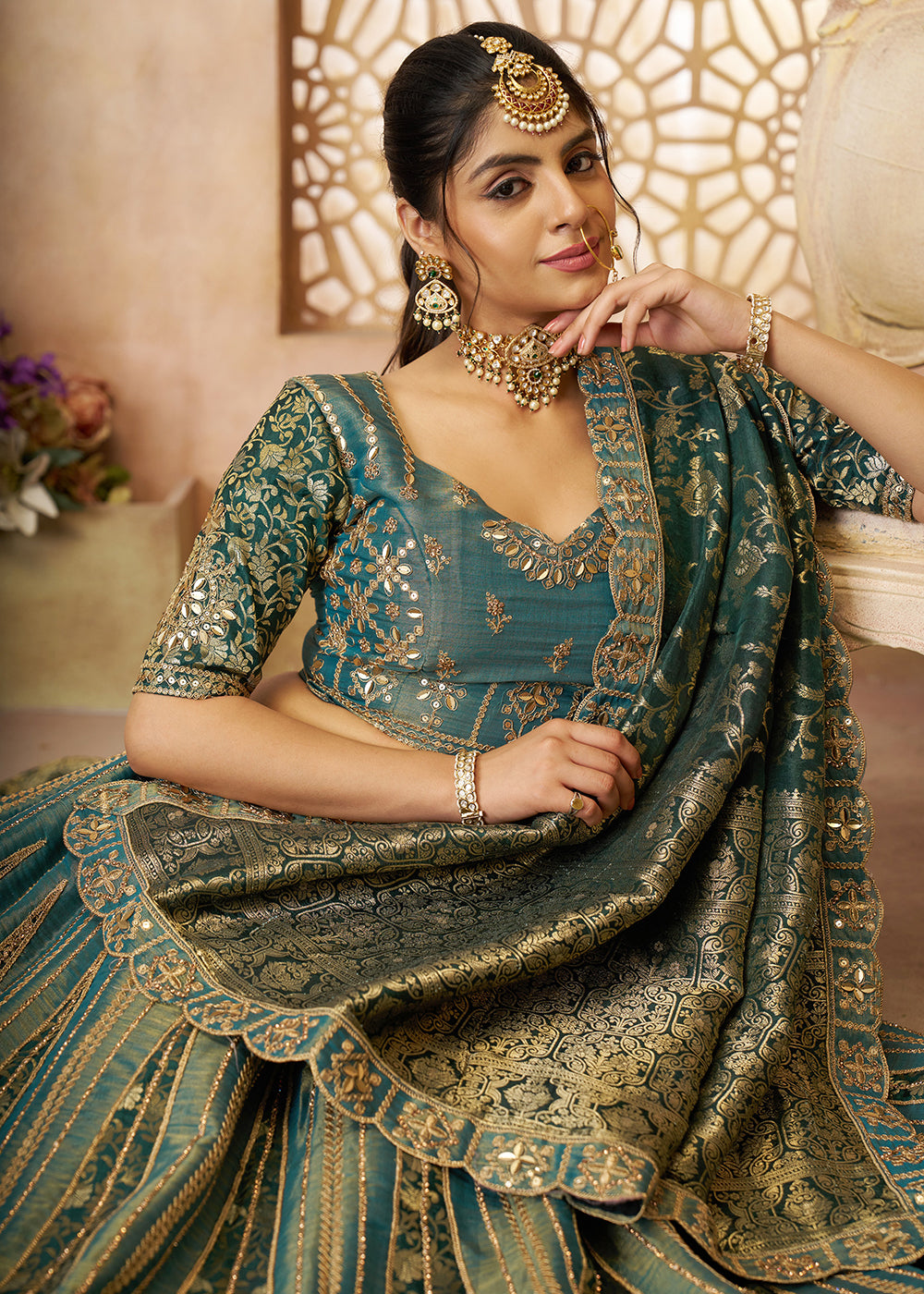 Buy Now Green Tissue Net Heavy Embroidered Bridal Lehenga Choli Online in USA, UK, Canada, France, Italy, Germany, Austria, UAE & Worldwide at Empress Clothing.